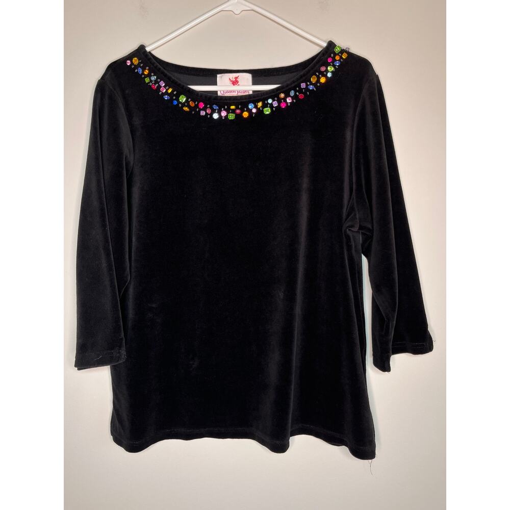 2000s Quacker Factory Black Velvet Rainbow Gemstone Sparkle Boat Neck Shirt L - Picture 1 of 5